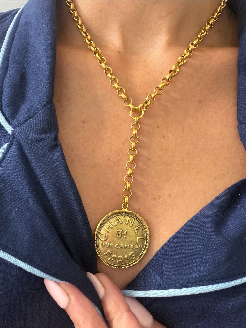 Gold-Tone Coin Y Necklace with Medallion Pendant